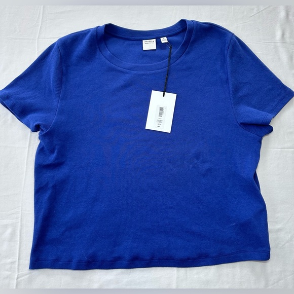 NWT Aritzia Bryon Blue Crew Waist Short Sleeve Shirt Size XL - Picture 1 of 7
